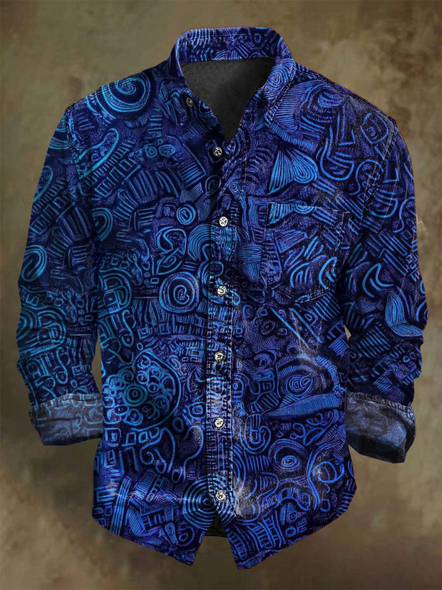 Retro Abstract Irregular Pattern Print Casual Long-Sleeve Shirt