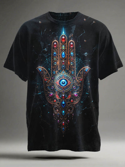 Abstract Blue Eyes Hamsa Print Casual Short-Sleeve T-Shirt