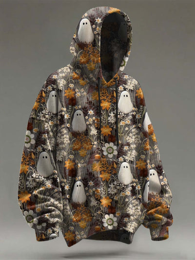 Halloween Ghost Floral Print Casual Hooded Sweatshirt