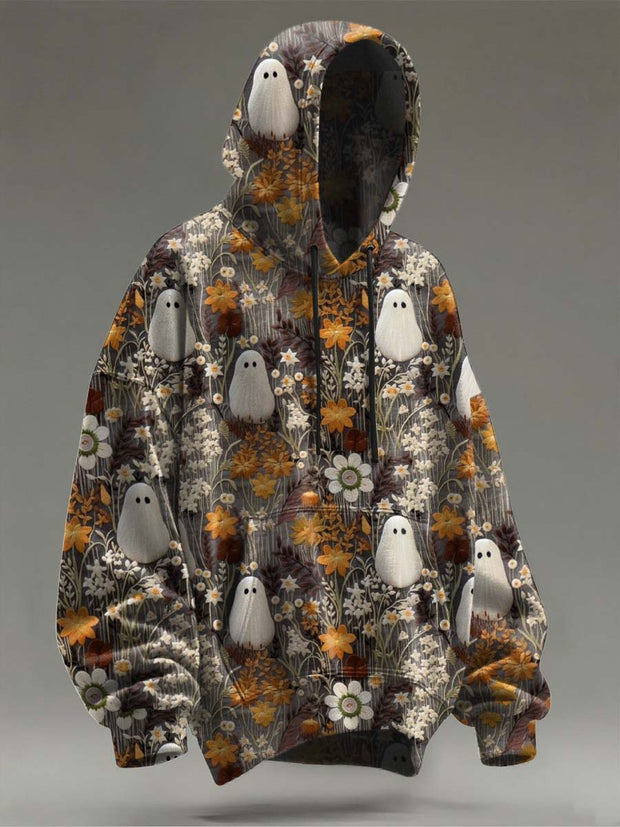 Halloween Ghost Floral Print Casual Hooded Sweatshirt