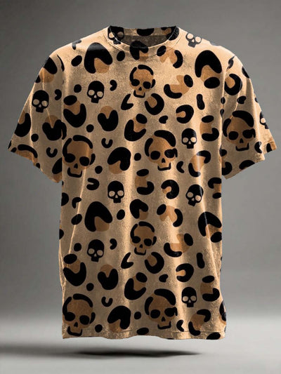 Halloween Abstract Leopard Print Skull Casual Short-Sleeve T-Shirt