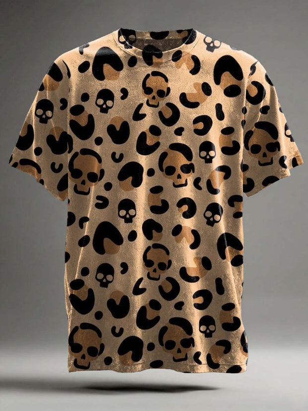 Halloween Abstract Leopard Print Skull Casual Short-Sleeve T-Shirt
