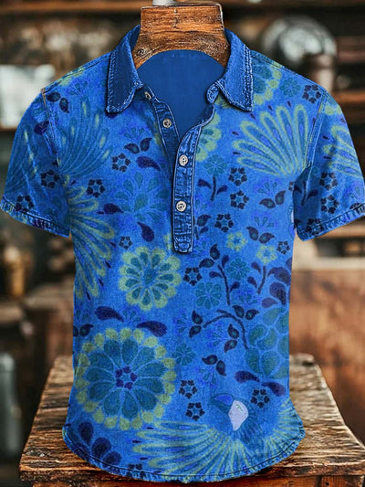 Retro Floral Print Casual Short-Sleeve Polo Shirt