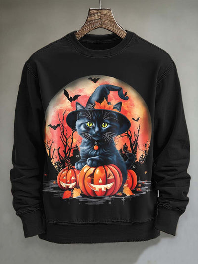 Halloween Black Cat Print Casual Crewneck Sweatshirt