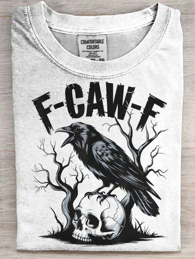 Halloween Gothic Humor F-Caw-F Raven Skull Print Casual Short-Sleeve T-Shirt
