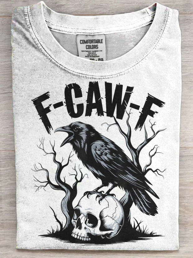 Halloween Gothic Humor F-Caw-F Raven Skull Print Casual Short-Sleeve T-Shirt