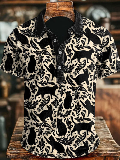 Retro Black Cat Print Casual Short-Sleeve Polo Shirt