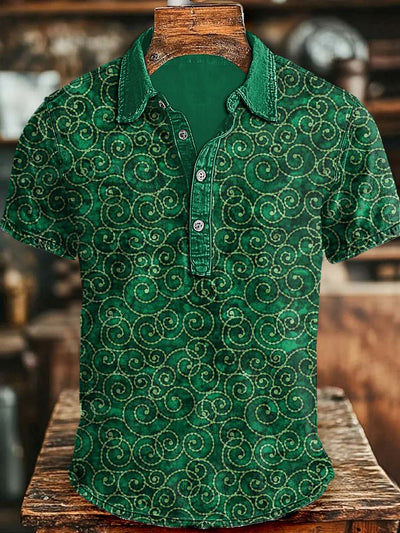 Retro Swirl Print Casual Short-Sleeve Polo Shirt