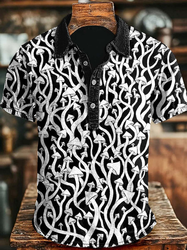 Abstract Mushroom Print Casual Short-Sleeve Polo Shirt