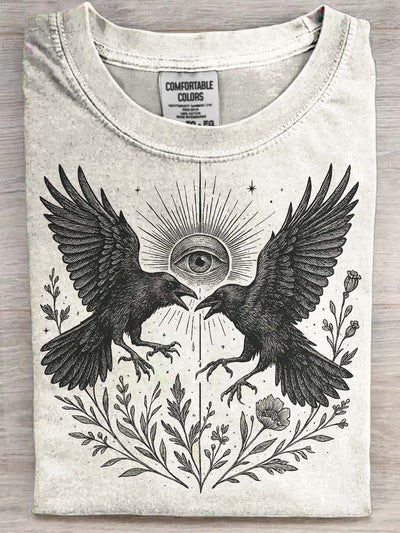 Floral-Eye Crow Print Casual Short-Sleeve T-Shirt