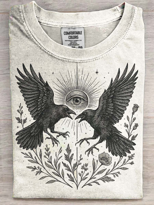 Floral-Eye Crow Print Casual Short-Sleeve T-Shirt