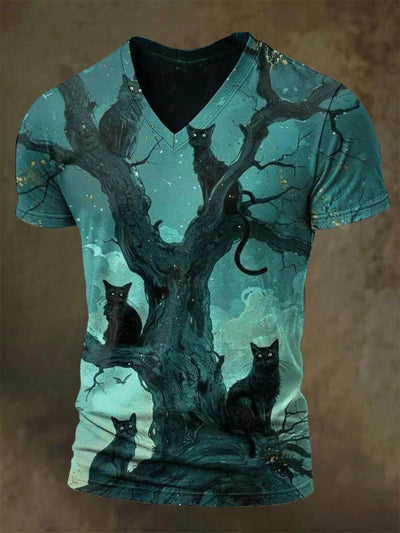 Abstract Tree Black Cat Print Casual Short-Sleeve T-Shirt