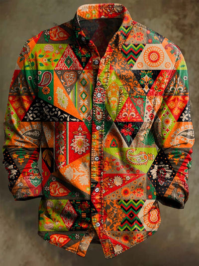 Retro Floral Geometric Patchwork Print Casual Long-Sleeve Shirt