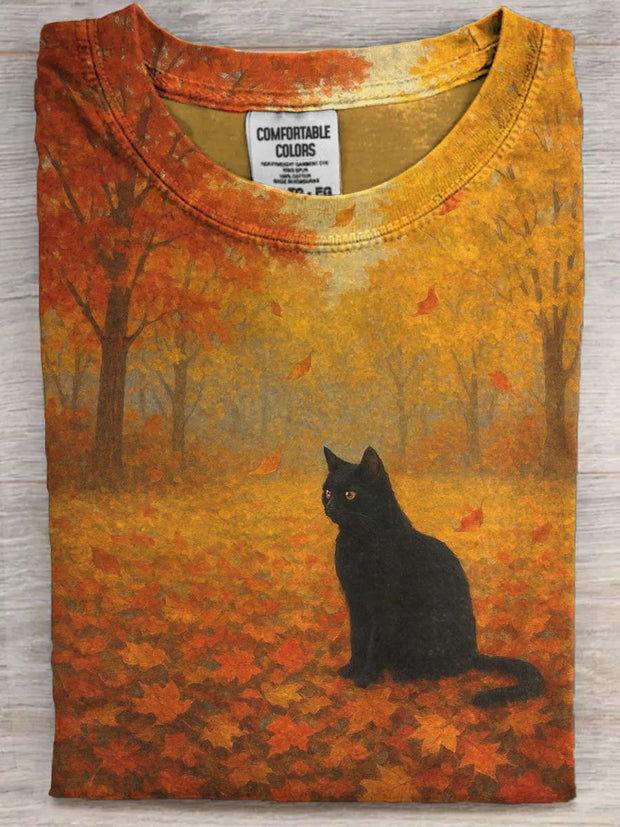 Autumn Maple Leaf Black Cat Print Casual Short-Sleeve T-Shirt
