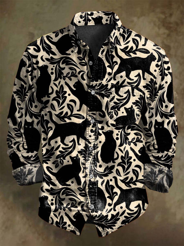 Retro Black Cat Print Casual Long-Sleeve Shirt