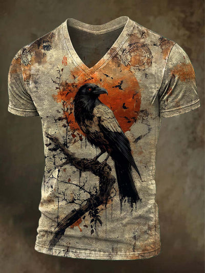Retro Crow Print Casual Short-Sleeve T-Shirt