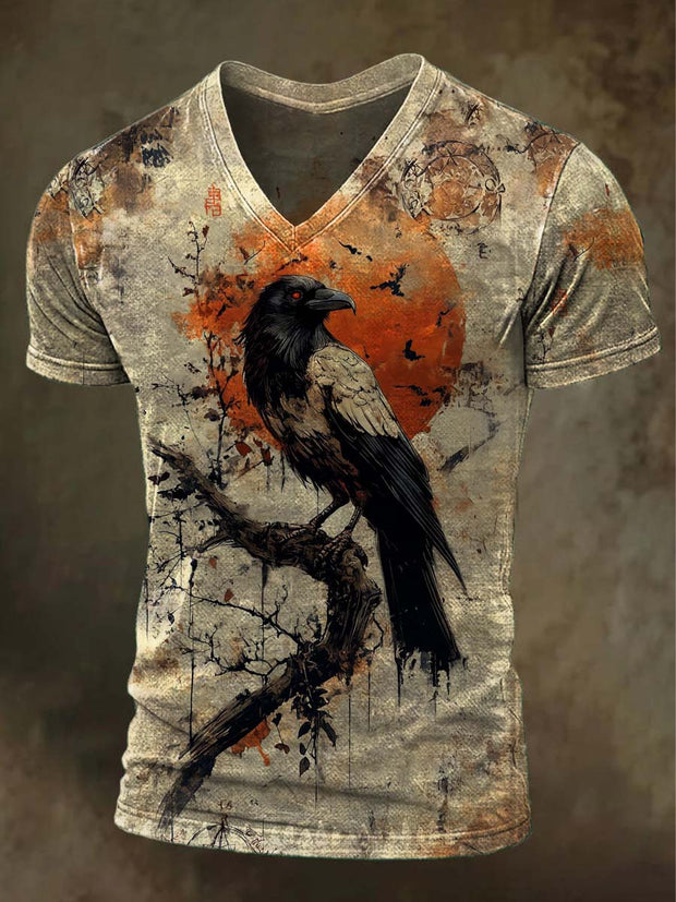 Retro Crow Print Casual Short-Sleeve T-Shirt