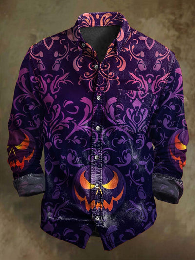Retro Floral Pumpkin Print Casual Long-Sleeve Shirt