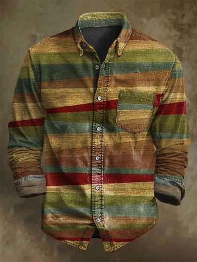 Retro Color-Block Print Casual Long-Sleeve Shirt
