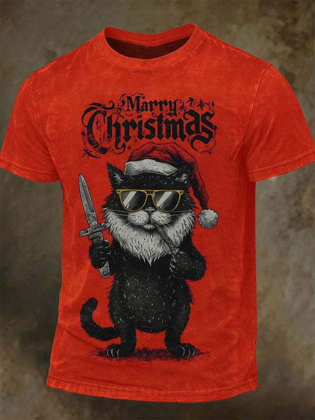 Christmas Funny Cat Print Casual Short-Sleeve T-Shirt