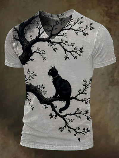 Abstract Tree Black Cat Print Casual Short-Sleeve T-Shirt
