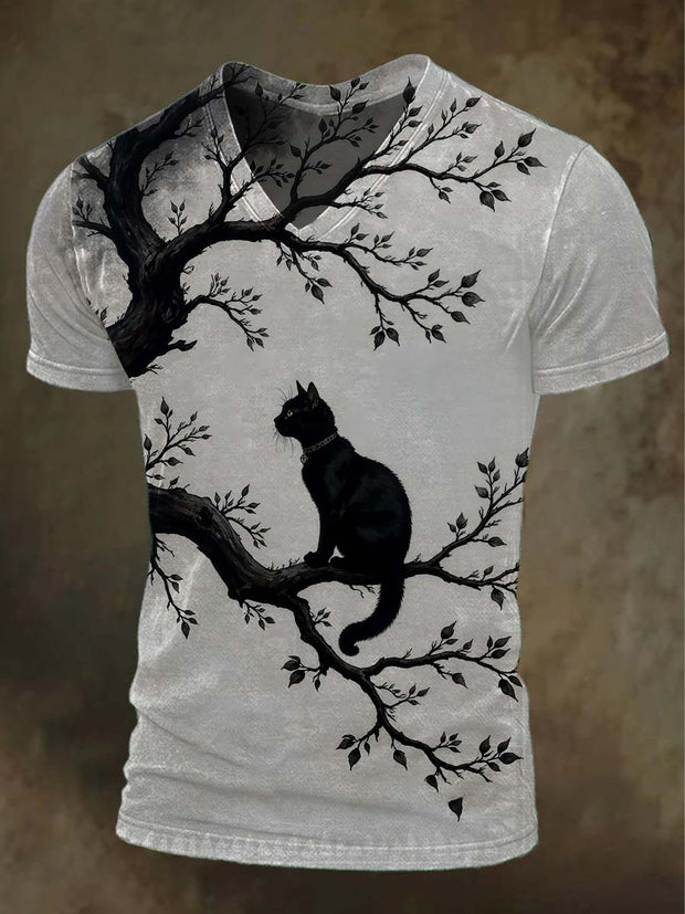 Abstract Tree Black Cat Print Casual Short-Sleeve T-Shirt