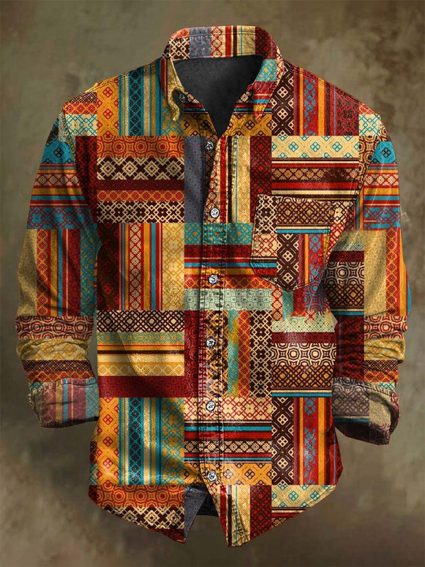 Retro Plaid Patchwork Print Casual Long-Sleeve Shirt