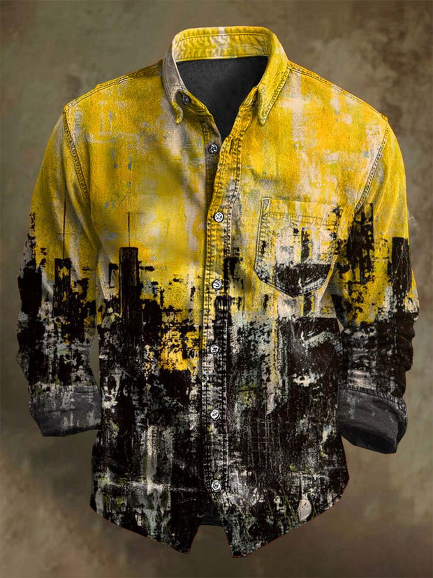 Abstract Color-Block Art Print Casual Long-Sleeve Shirt
