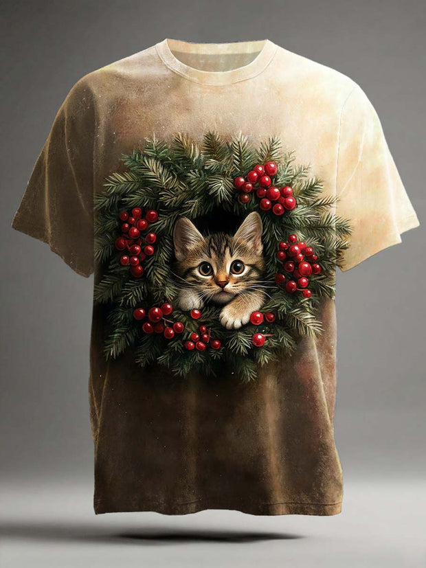 Christmas Cat Print Casual Short-Sleeve T-Shirt