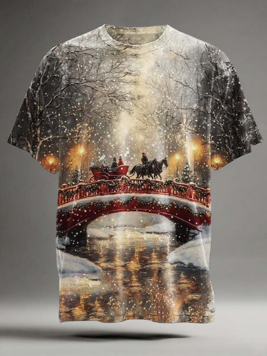 Christmas Snowy Street Scene Print Casual Short-Sleeve T-Shirt