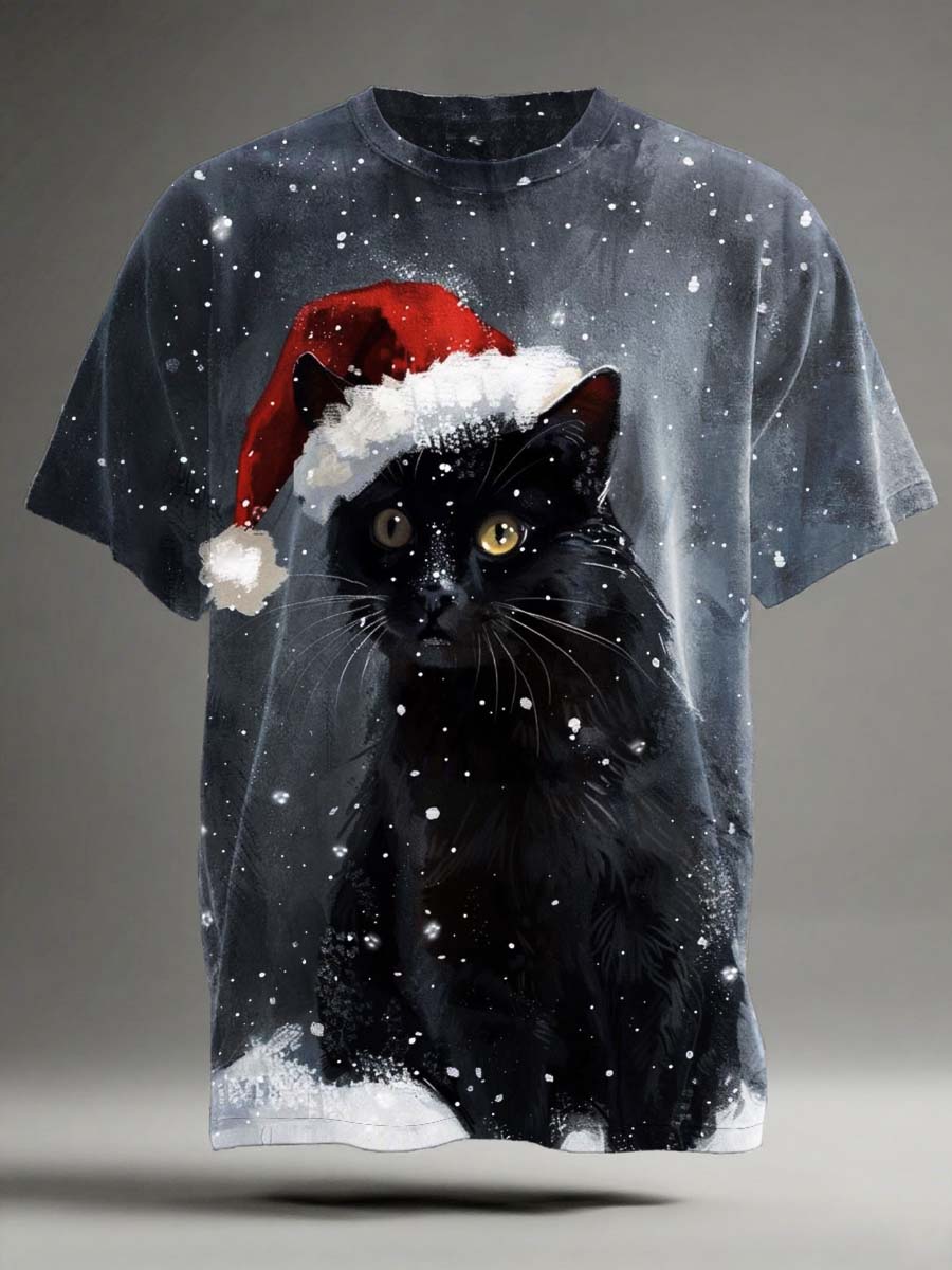 Christmas Black Cat Print Casual Short-Sleeve T-Shirt
