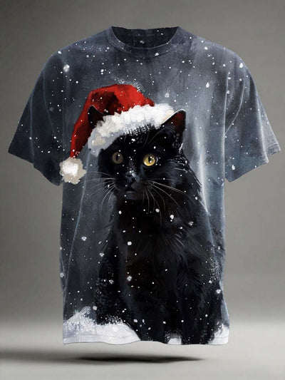 Christmas Black Cat Print Casual Short-Sleeve T-Shirt