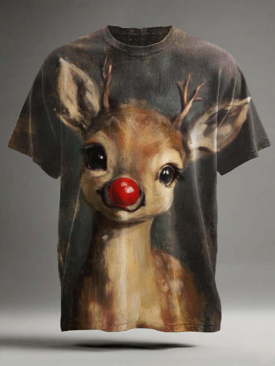 Cute Reindeer Print Christmas Casual Short-Sleeve T-Shirt