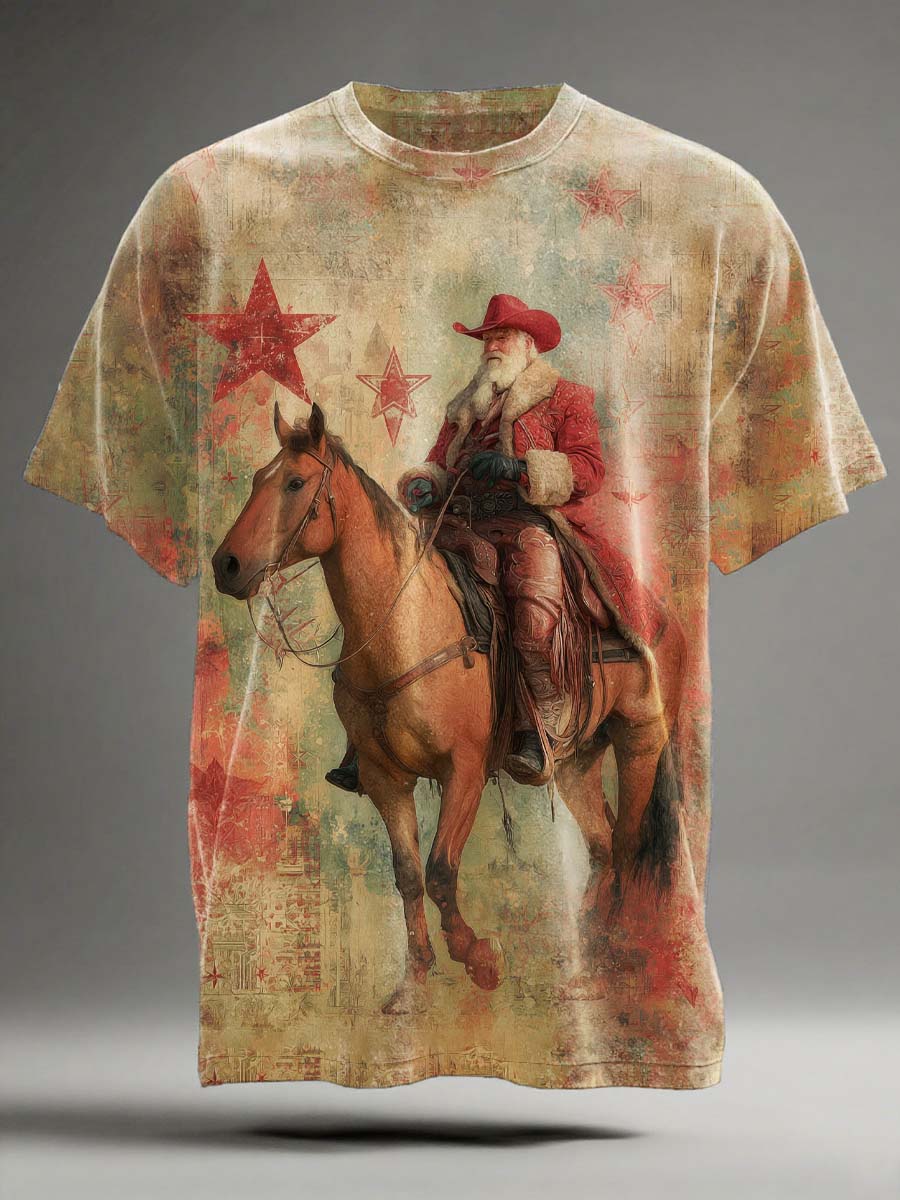 Christmas Cowboy Santa Print Casual Short-Sleeve T-Shirt
