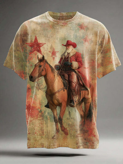 Christmas Cowboy Santa Print Casual Short-Sleeve T-Shirt