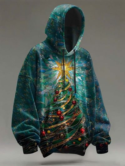 Abstract Glass Window Pattern Christmas Tree Print Casual Hooded Sweatshirt