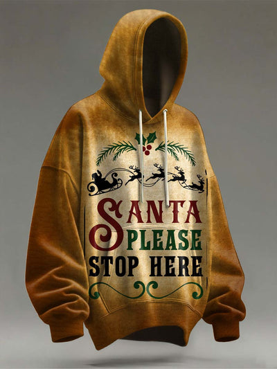 Santa Claus Please Get Off Stamp Print Casual Hooded Sweatshirt