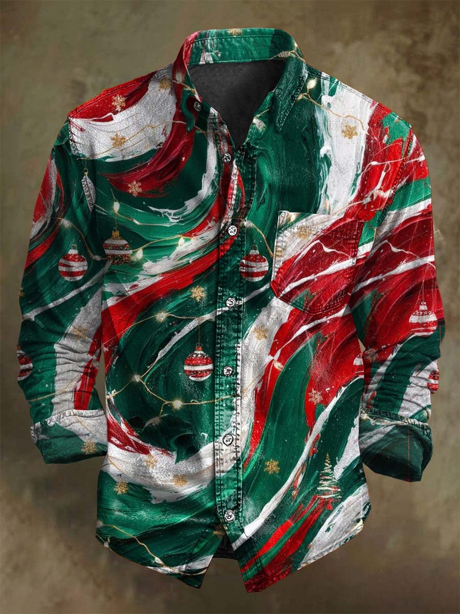 Abstract Color-Block Print Casual Long-Sleeve Shirt for Christmas
