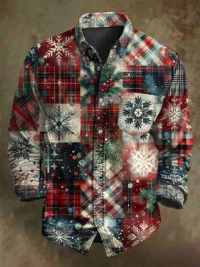 Christmas Tree Snowflake Plaid Print Casual Long-Sleeve Shirt
