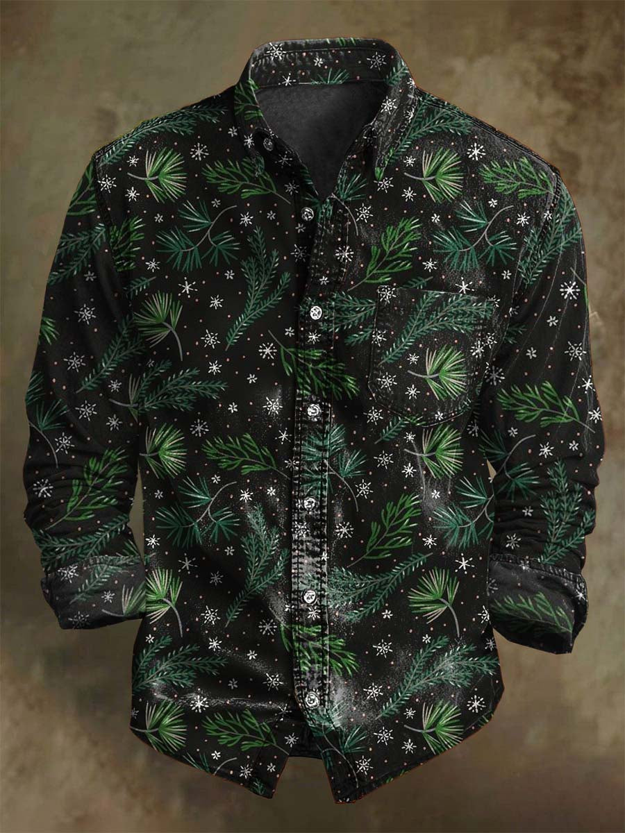 Christmas Pine Leaf and Snowflake Print Casual Long-Sleeve Shirt
