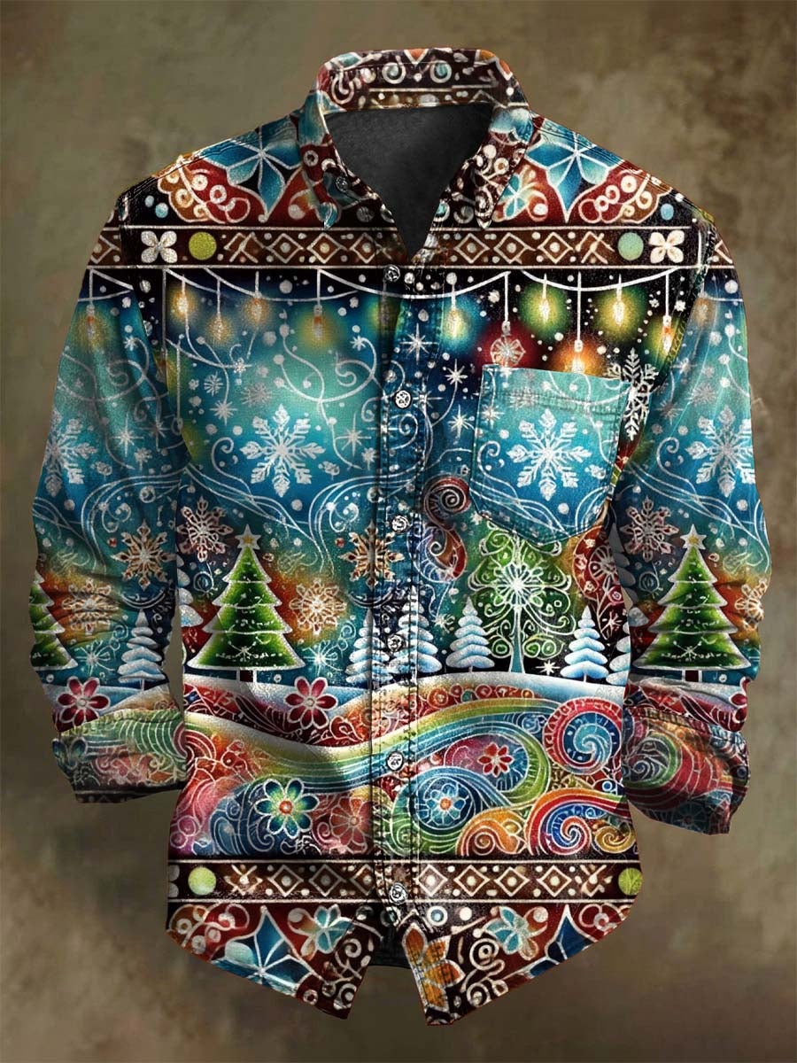 Christmas Tree Snowflake Print Casual Long-Sleeve Shirt