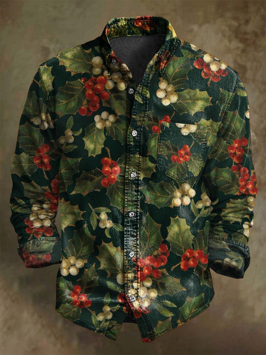Christmas Green Plant Print Casual Long-Sleeve Shirt
