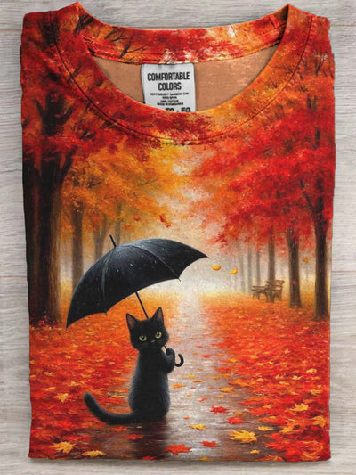 Fall Black Cat Print Casual Short-Sleeve T-Shirt