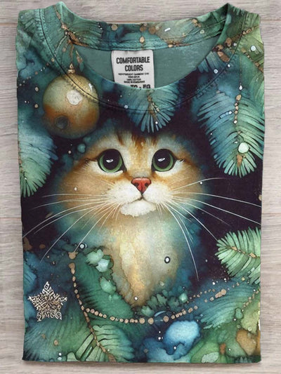 Christmas Cat Print Casual Short-Sleeve T-Shirt