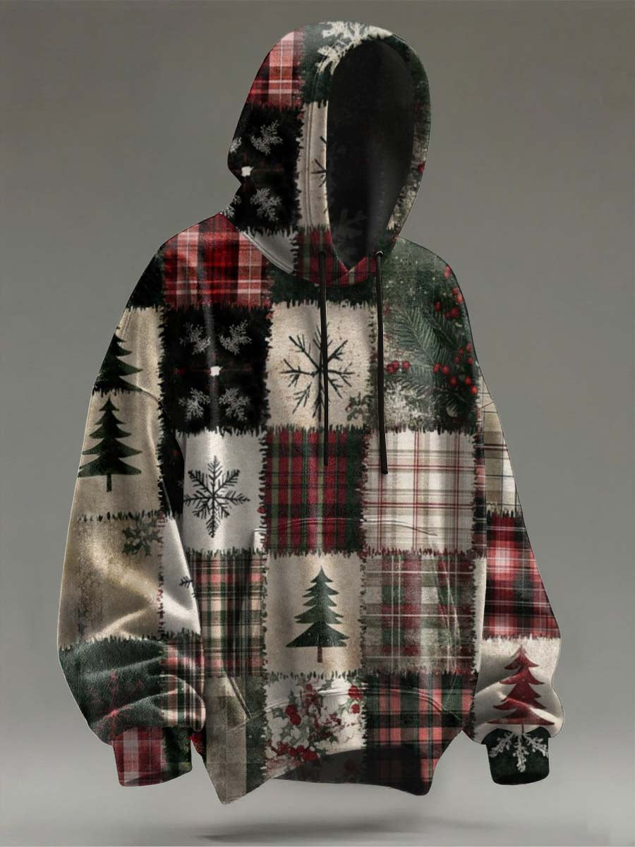 Christmas Patchwork Plaid Print Casual Hooded Sweatshirt