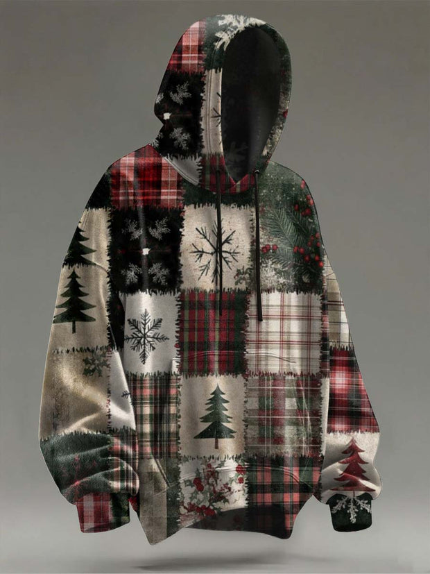 Christmas Patchwork Plaid Print Casual Hooded Sweatshirt