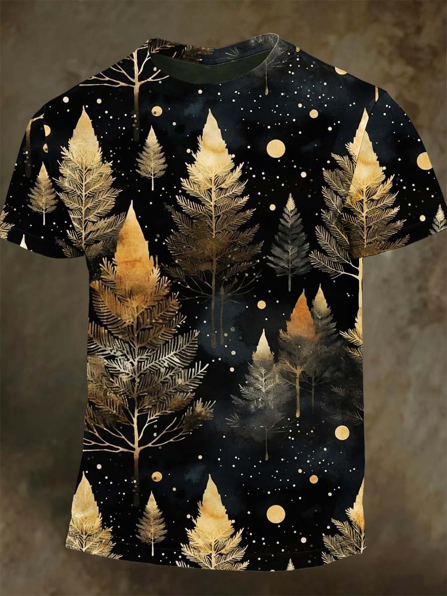Abstract Gold Christmas Tree Print Casual Short-Sleeve T-Shirt