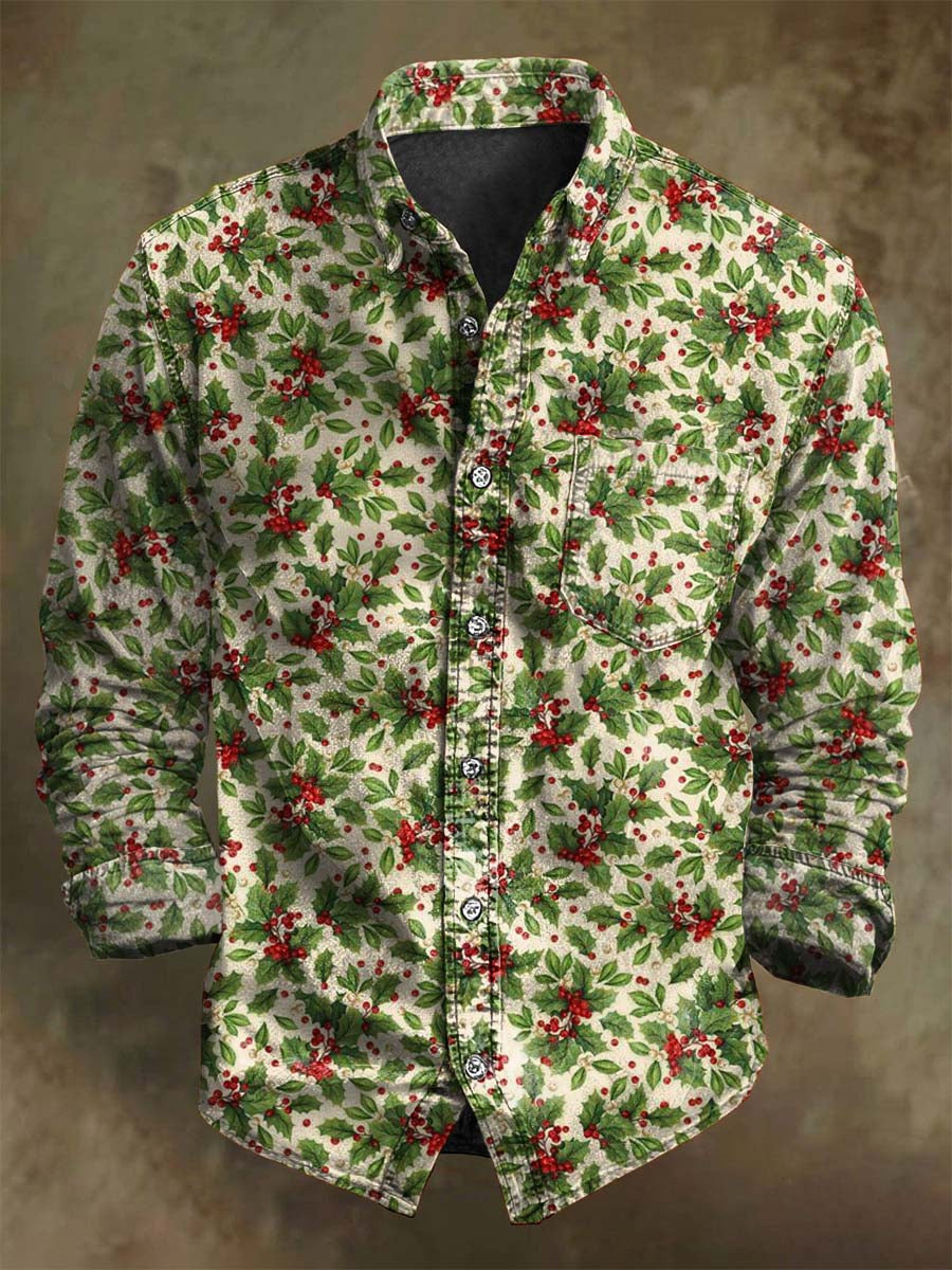 Christmas Holly Print Casual Long-Sleeve Shirt