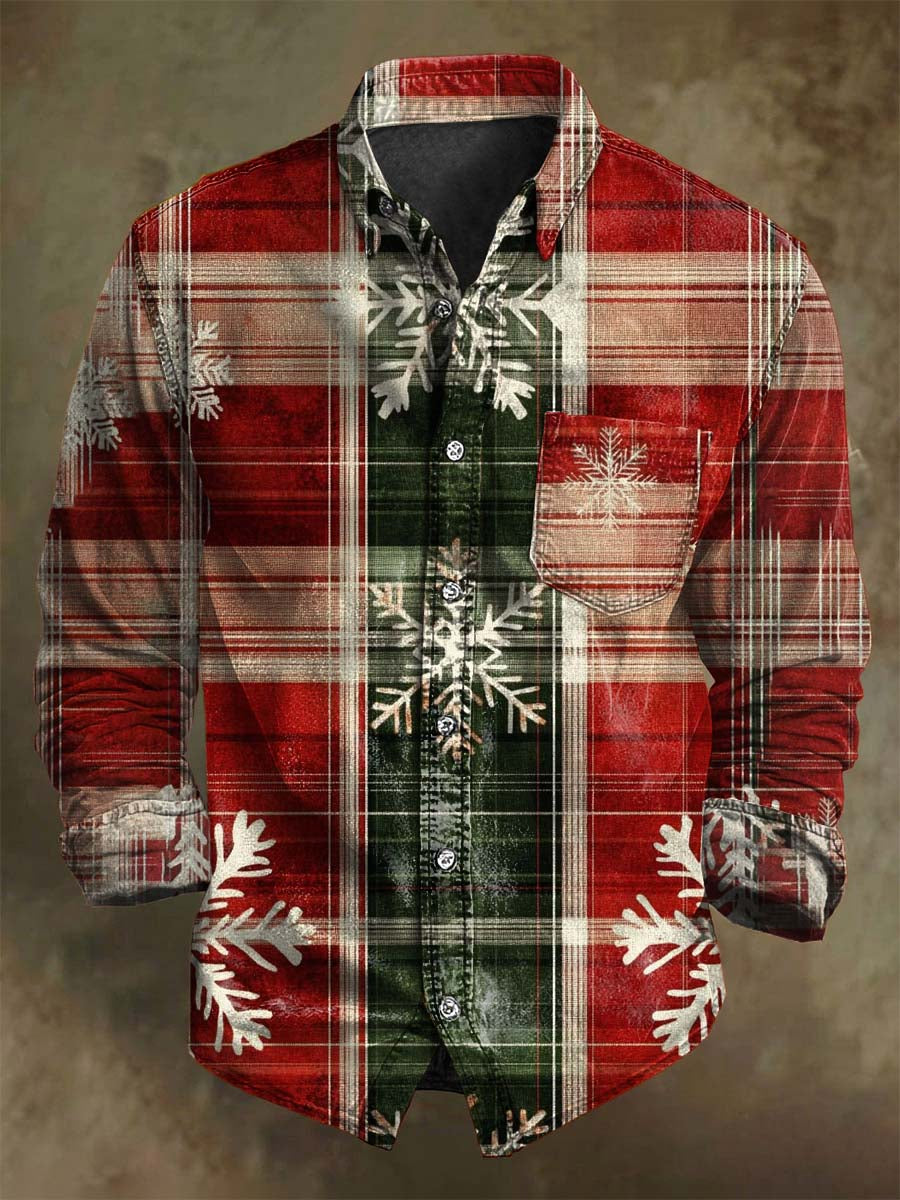Christmas Snowflake Plaid Print Casual Long-Sleeve Shirt