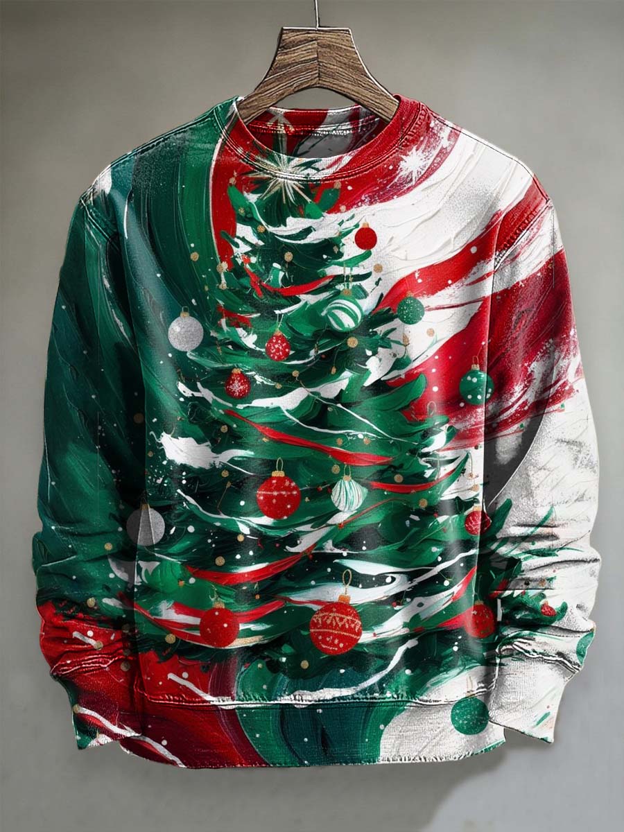 Abstract Oil Painting Christmas Tree Print Casual Crewneck Sweatshirt
